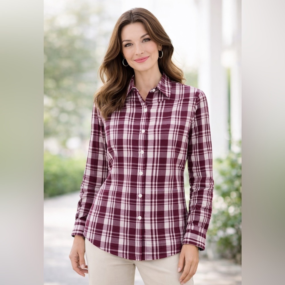 Charter Club Burgundy Plaid Button Down Shirt Petite 6P classic long sleeve